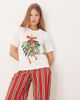 Threadbare Threadbare short sleeve mistletoe print pajamas with striped pants in cream and red-White - 1