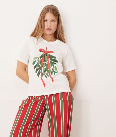 Threadbare Threadbare short sleeve mistletoe print pajamas with striped pants in cream and red-White