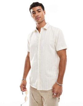 Threadbare Threadbare short sleeve shirt in beige and white stripes-Neutral