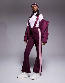 Threadbare Threadbare Ski overalls with contrast panels in burgundy and pink-Red