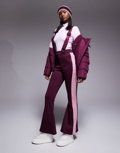 Threadbare Threadbare Ski overalls with contrast panels in burgundy and pink-Red