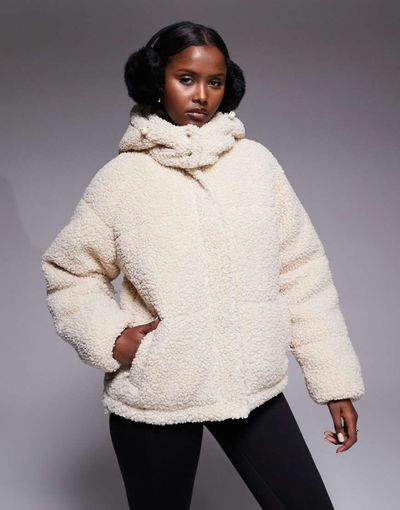 Threadbare Threadbare Ski short faux shearling puffer jacket with hood in cream-White
