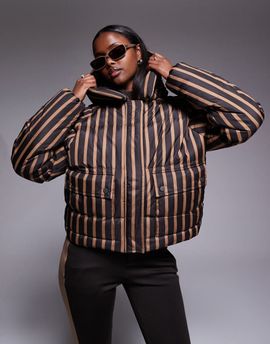 Threadbare Threadbare Ski striped puffer coat with hood in brown and camel