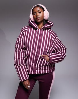 Threadbare Threadbare Ski striped puffer coat with hood in burgundy and pink-Red
