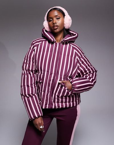 Threadbare Threadbare Ski striped puffer coat with hood in burgundy and pink-Red