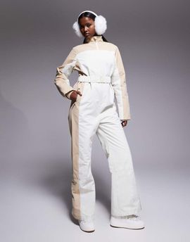 Threadbare Threadbare Ski two-tone ski suit in ecru and stone-White