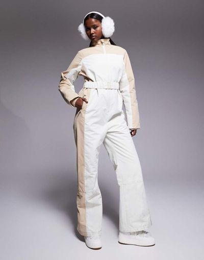 Threadbare Threadbare Ski two-tone ski suit in ecru and stone-White