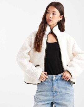 Threadbare Threadbare zip front teddy fleece with back panel in ecru and khaki green-White