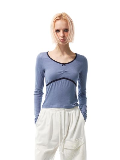 THREE TO EIGHTY Contrast U-Neck T-Shirt (Blue)
