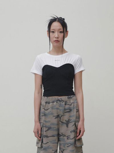 THREE TO EIGHTY Corset Layered T-Shirt [Black]
