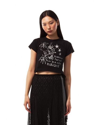 THREE TO EIGHTY Lily Drawing Cropped T-Shirt (Black)