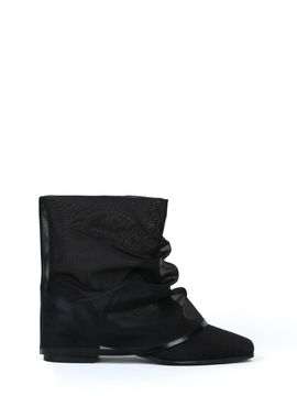 THREE TO EIGHTY Mesh Wrinkled Boots - Black