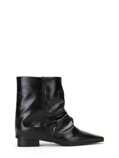 THREE TO EIGHTY Pointed Wrinkle Leather Boots_Black