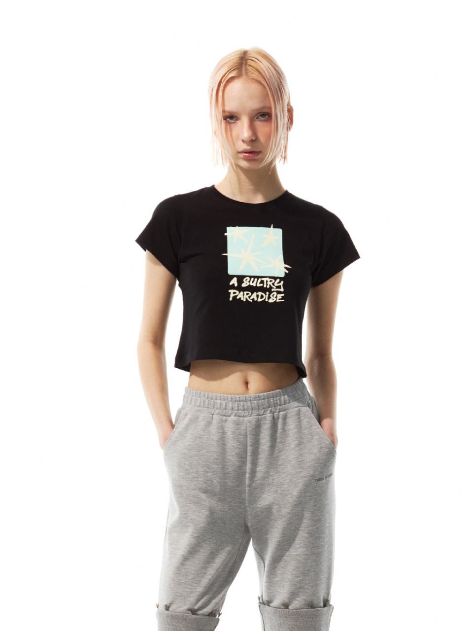 THREE TO EIGHTY Star Drawing Cropped T-Shirt (Black)