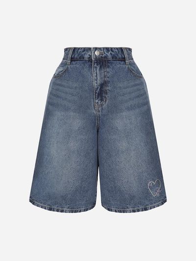 Thursday Island Heart Embroidered Denim Shorts (T254MJE251W)
