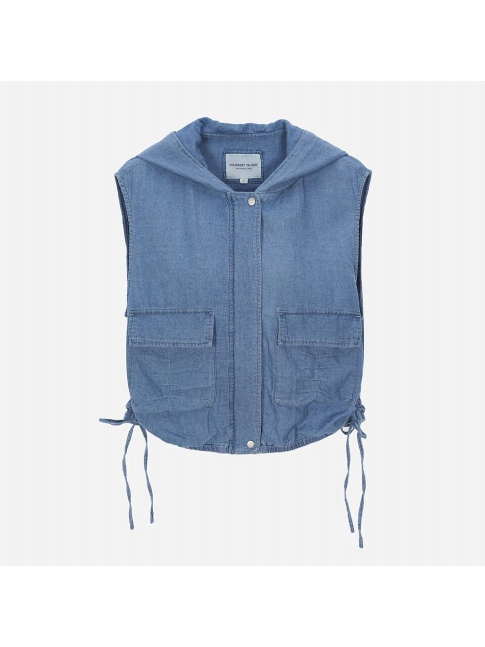 Thursday Island Hooded Zip-up Denim Vest (T252MVT176W)