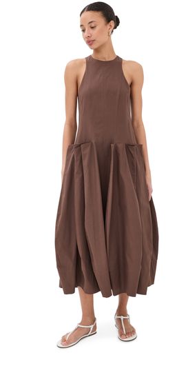 Tibi Tibi Compact Poplin Pinched Pleat Dress Sepia Brown