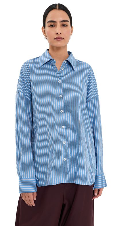 Tibi Tibi Edmund Lyocell Stripe Oversized Shirt Blue Multi