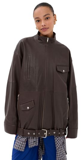 Tibi Tibi Leather Moto Bomber Brown