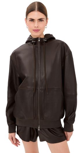 Tibi Tibi Leather Zip Up Hoodie Jacket Brown