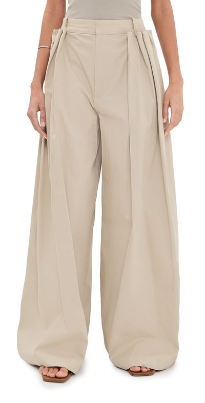 Tibi Tibi Luxe Twill Tucked Pleated Trousers Taupe