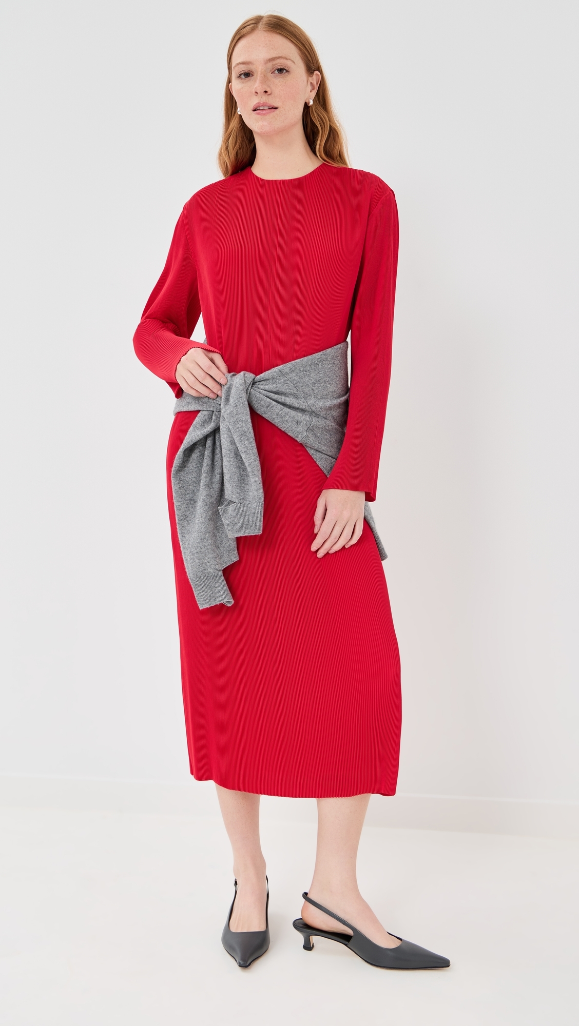 tibi long sleeve pleated dress Pliss Midi Dress