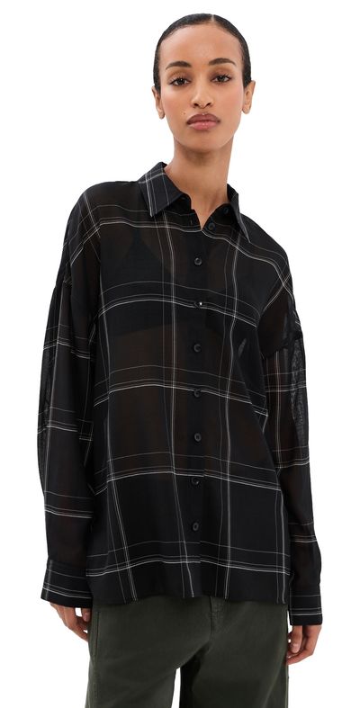 Tibi Tibi Sheer Wool Gauze Oversized Check Shirt Black multi
