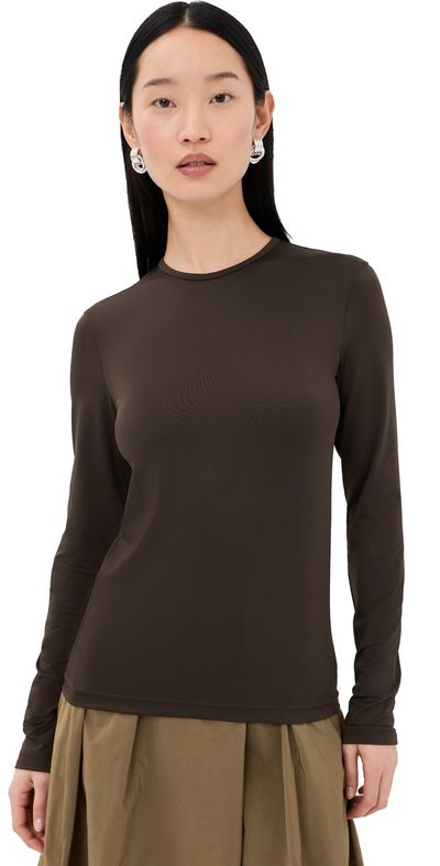 Tibi Tibi Stretch Lightweight Tech Knit Crewneck Pullover T-Shirt Hickory Brown