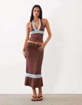 Tiger Mist Tiger Mist Calina butter touch slinky contrast lace trim midaxi skirt in chocolate and baby blue - part of a set-Brown