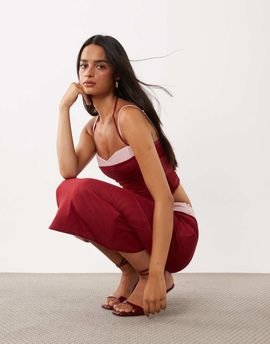 Tiger Mist Tiger Mist Caline ruched mesh overlay midi skirt in red and baby pink - part of a set