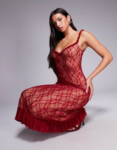Tiger Mist Tiger Mist Deja 90s lace ruffle trim bow detail midi dress in red