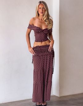 Tiger Mist Tiger Mist Denali ruched drop waist maxi skirt in brown polka dot - part of a set