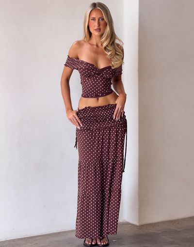 Tiger Mist Tiger Mist Denali ruched drop waist maxi skirt in brown polka dot - part of a set