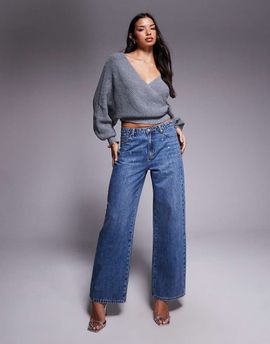 Tiger Mist Tiger Mist Elira studded eyelet detail low-mid rise straight leg jeans in mid wash blue