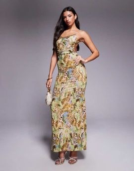Tiger Mist Tiger Mist Elysium sequin trim cami tie low back maxi dress in vintage animal print-Multi