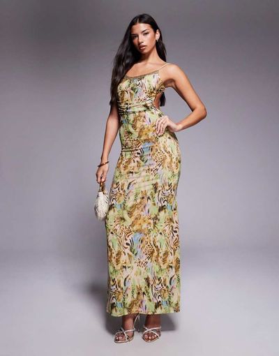 Tiger Mist Tiger Mist Elysium sequin trim cami tie low back maxi dress in vintage animal print-Multi