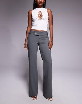 Tiger Mist Tiger Mist Emory 90s tailored low rise eyelet tie side detail flared pants in charcoal pinstripe-Gray