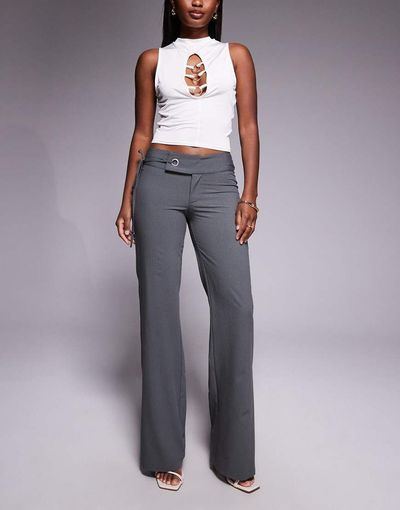 Tiger Mist Tiger Mist Emory 90s tailored low rise eyelet tie side detail flared pants in charcoal pinstripe-Gray