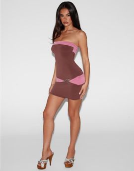 Tiger Mist Tiger Mist Eos bandeau open back gold hardware detail mini dress in chocolate and pink-Multi
