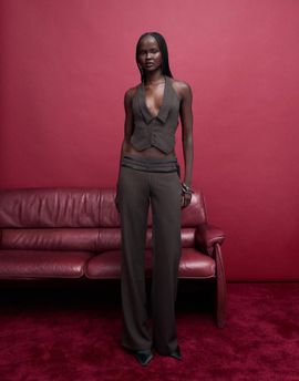 Tiger Mist Tiger Mist Fedra tailored tie waist detail flared pants in chocolate - part of a set-Brown