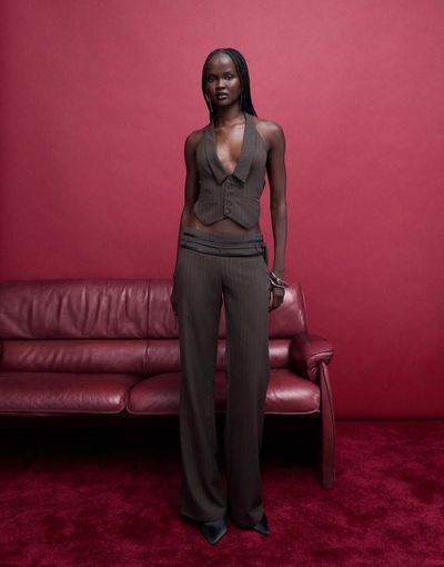 Tiger Mist Tiger Mist Fedra tailored tie waist detail flared pants in chocolate - part of a set-Brown
