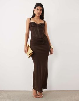 Tiger Mist Tiger Mist Ginny corset detailing draped waist maxi dress in chocolate-Brown