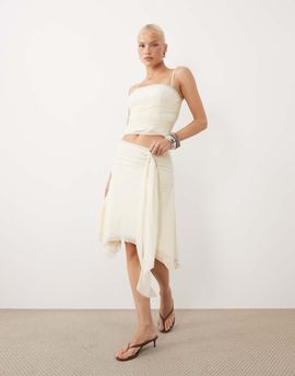 Tiger Mist Tiger Mist Juna asymmetric hem drape waist detail midi skirt in cream - part of a set-White