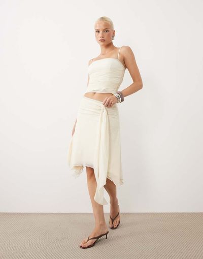 Tiger Mist Tiger Mist Juna asymmetric hem drape waist detail midi skirt in cream - part of a set-White