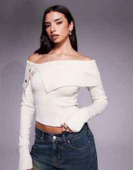 Tiger Mist Tiger Mist Keira bardot foldover ribbed trim asymmetric button detail sweater in cream-White