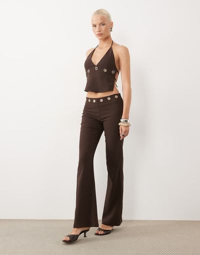 Tiger Mist Tiger Mist Marren eyelet detail flare pants in chocolate - part of a set-Brown