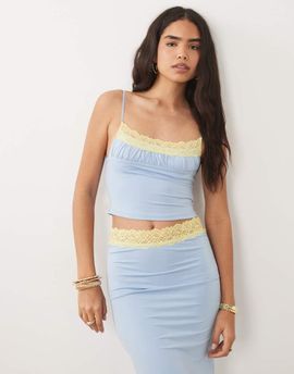 Tiger Mist Tiger Mist Parisa butter touch slinky contrast lace cami top in blue and yellow - part of a set-Multi