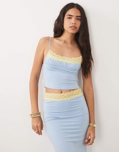 Tiger Mist Tiger Mist Parisa butter touch slinky contrast lace cami top in blue and yellow - part of a set-Multi