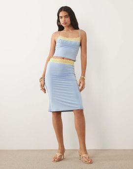Tiger Mist Tiger Mist Parisa butter touch slinky contrast lace trim midi skirt in blue and yellow - part of a set-Multi