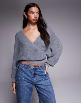 Tiger Mist Tiger Mist Raven ribbed knit off shoulder wrap front balloon sleeve knit sweater in gray